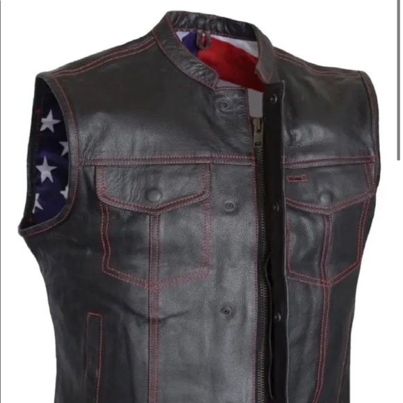 Men’s Motorcycle US Flag Club Biker Style Concealed Carry Leather Vest - Picture 2 of 3
